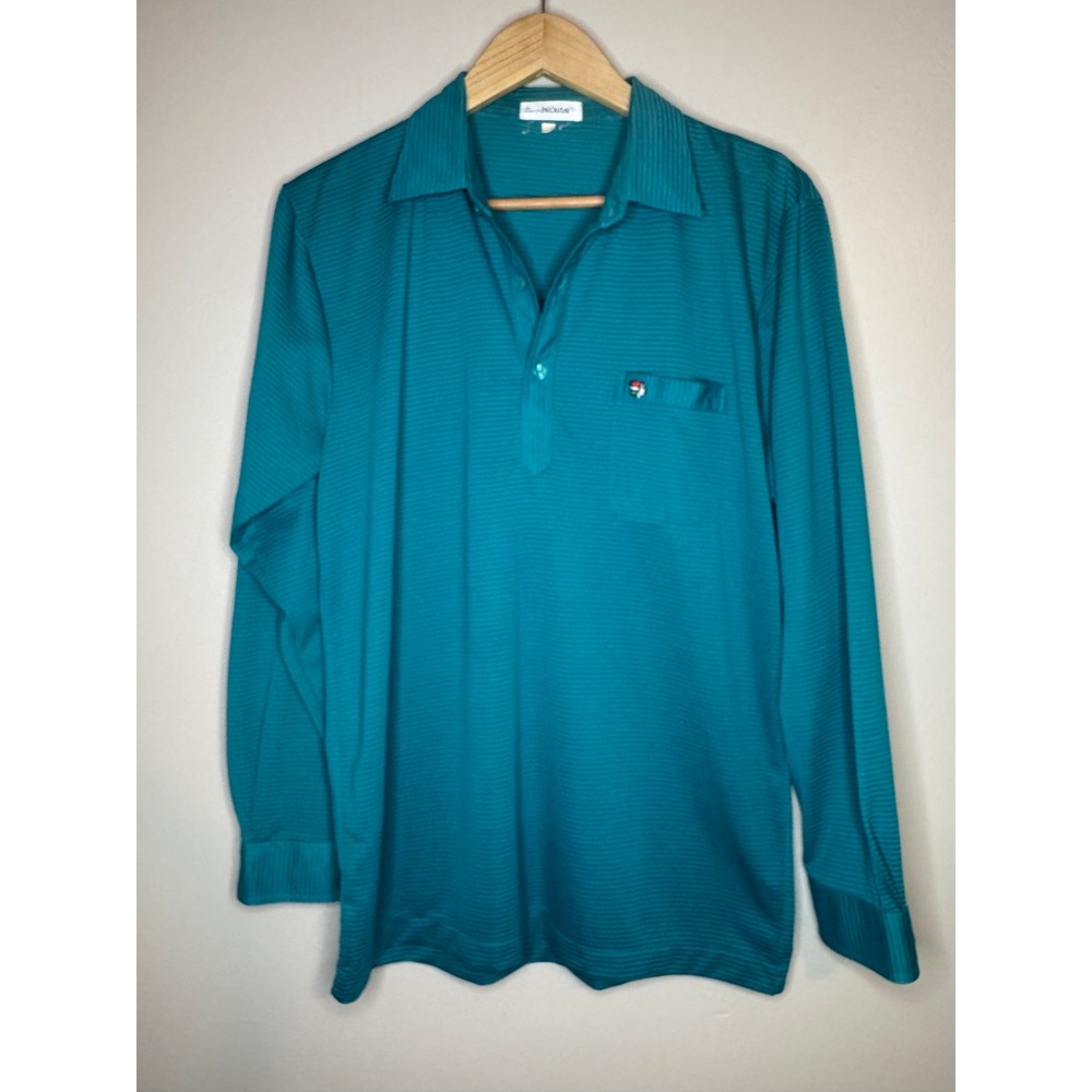 Vintage‎ Indian Teal Blue Striped Long Sleeve Polo Shirt Mens Large Retro Pocket